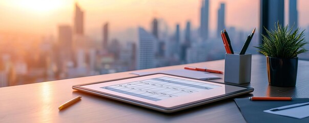 Negotiation approaches visualized as a decision matrix on a sleek tablet, with a breathtaking view of a vibrant cityscape, emphasizing diverse strategies in negotiation