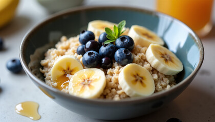 Side view of a bowl of oatmeal topped with sliced bananas, blueberries, and a drizzle of honey.