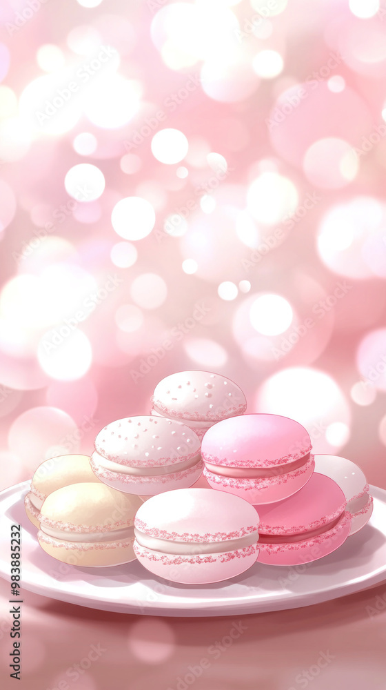 Poster a plate of macarons with a pink background. the macarons are arranged in a row and are of different 