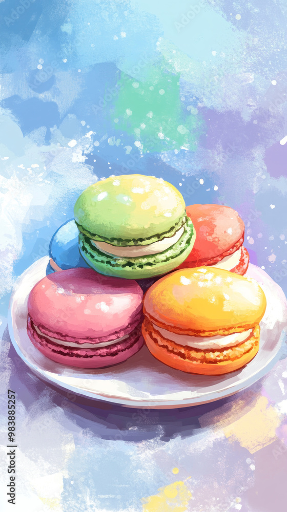 Poster a plate of colorful macarons is displayed on a white plate. the macarons are arranged in a pyramid s
