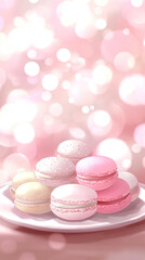 Obraz premium A plate of macarons with a pink background. The macarons are arranged in a row and are of different colors