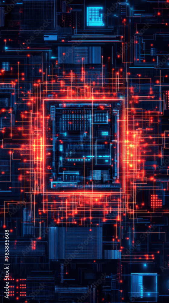 Poster a computer chip with a red square in the middle. the square is surrounded by blue and red lines