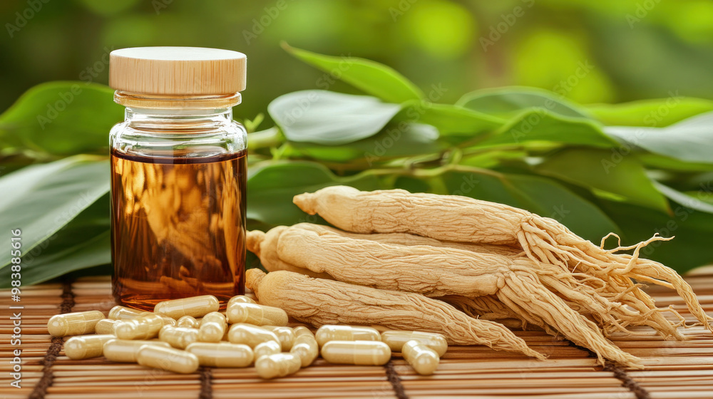 Poster a bottle of pills and some ginger root are on a table. the ginger root is sliced and placed on the t