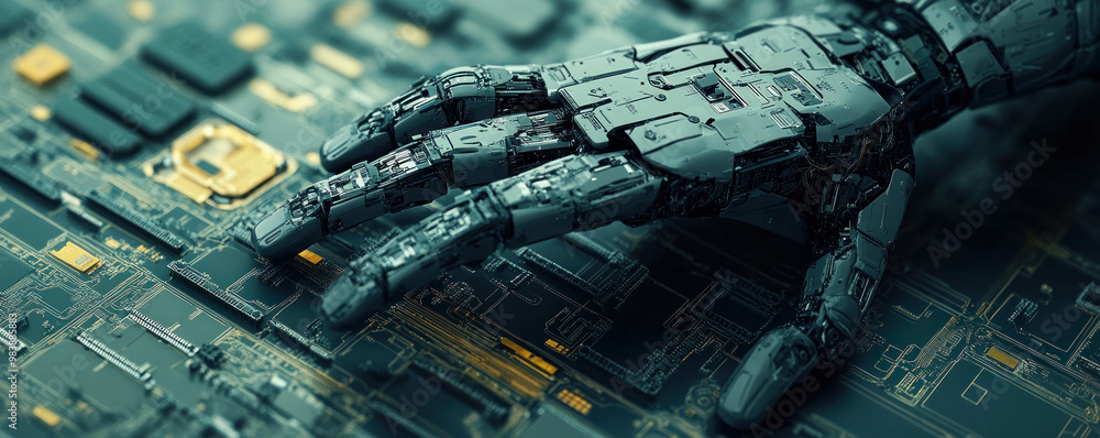 Poster a robot hand is touching a computer board. the robot hand is made of metal and has a metallic look t