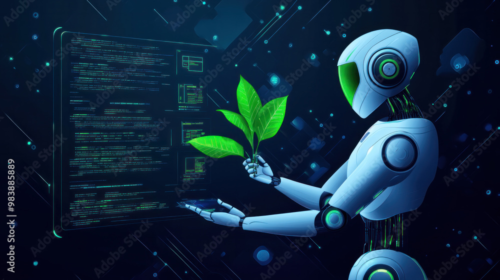 Poster a robot is holding a leaf in its hand. the robot is surrounded by a computer screen and a green leaf