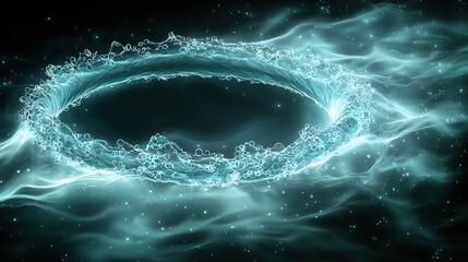 Abstract Aqua Light Ring with Bubbles and Glowing Particles