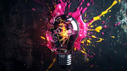 creative bulb explodes with colorful paint and splashes on black background