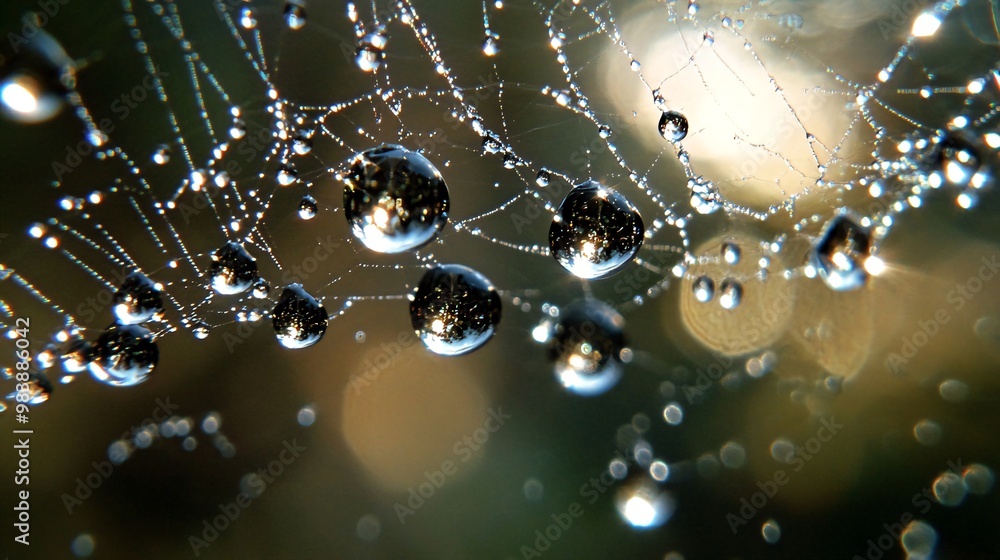 Poster close-up of a spiderweb with dew drops reflecting sunlight, creating a bokeh effect.