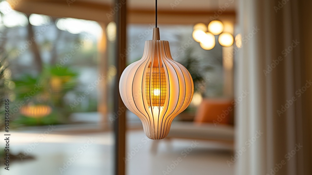 Poster modern wooden pendant light with warm glow in interior design