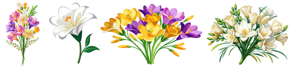 Vibrant Freesia Flower Illustration with Multicolored Petals in Pink, Yellow, and Orange - Ideal for Spring and Summer Floral Themes, Freesia Illustration, Freesia Flower vector Illustration