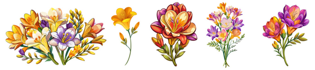 Vibrant Freesia Flower Illustration with Multicolored Petals in Pink, Yellow, and Orange - Ideal for Spring and Summer Floral Themes, Freesia Illustration, Freesia Flower vector Illustration