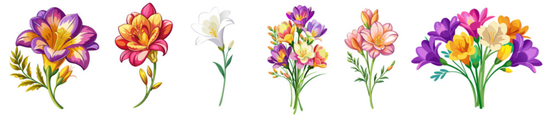Vibrant Freesia Flower Illustration with Multicolored Petals in Pink, Yellow, and Orange - Ideal for Spring and Summer Floral Themes, Freesia Illustration, Freesia Flower vector Illustration