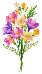 Vibrant Freesia Flower Illustration with Multicolored Petals in Pink, Yellow, and Orange - Ideal for Spring and Summer Floral Themes, Freesia Illustration, Freesia Flower vector Illustration