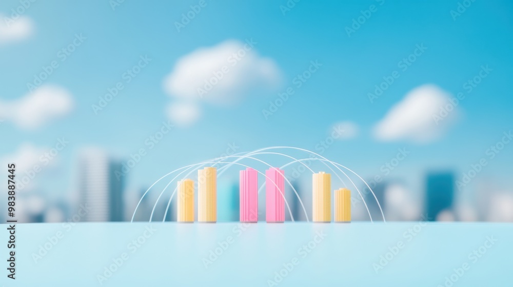 Poster a cityscape with buildings connected by lines representing data transfer, showcasing the interconnec