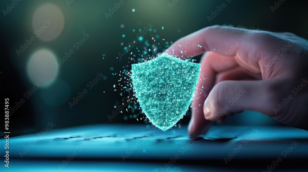 Poster a hand typing on a keyboard with a digital shield appearing over the screen, representing online sec