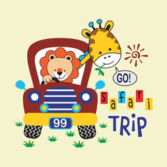 giraffe was riding in a car, cartoon vector illustration