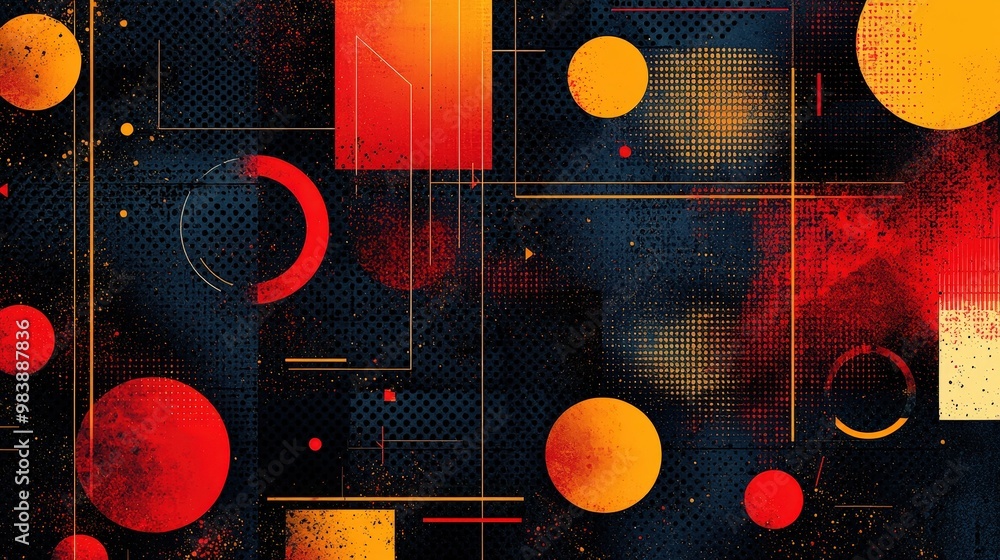 Poster abstract geometric pattern with red and yellow circles on a black background