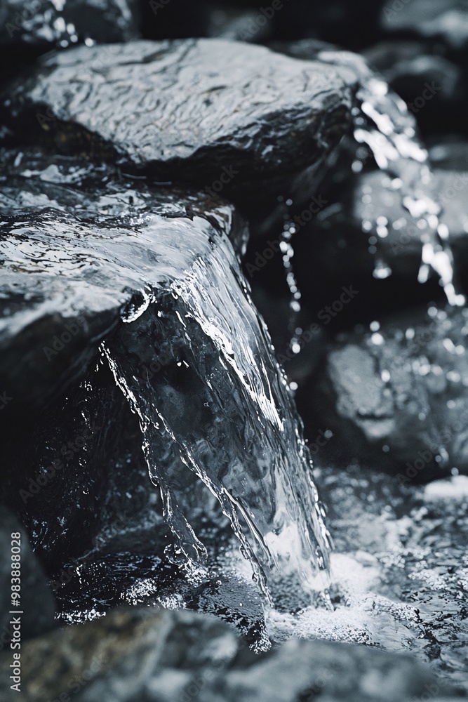 Poster close-up of a small waterfall cascading over smooth, dark rocks, creating a gentle, flowing stream.