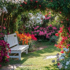 A serene garden scene with vibrant flowers and a charming white bench, perfect for relaxation and enjoying nature's beauty.