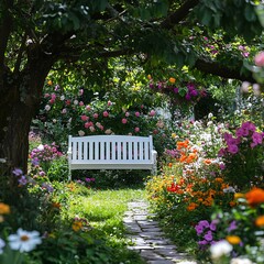 Lush garden in full bloom with a variety of colorful flowers, a white wooden bench under a flowering tree, serene garden setting