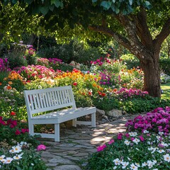 Lush garden in full bloom with a variety of colorful flowers, a white wooden bench under a flowering tree, serene garden setting