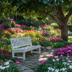 Lush garden in full bloom with a variety of colorful flowers, a white wooden bench under a flowering tree, serene garden setting