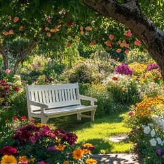 A serene garden scene with vibrant flowers and a charming white bench, perfect for relaxation and enjoying nature's beauty.