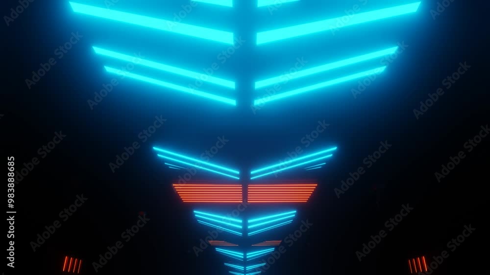 Poster endless forward movement along a futuristic dark corridor with flashing orange and blue lights. 3d r
