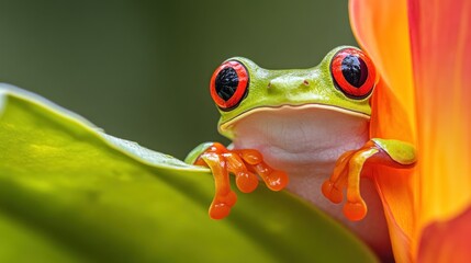 Naklejka premium Red-Eyed Tree Frog Hiding in a Flower