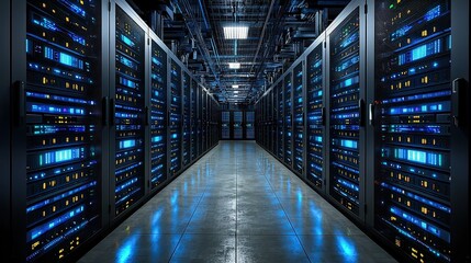 Data Center Server Room  Rows of Servers with Blue Lights  Network Technology