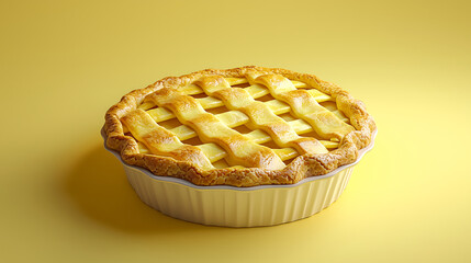 Delicious 3D pie with golden crust, showcasing beautifully woven lattice top, set against vibrant yellow background. This image evokes warmth and comfort