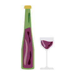 Wine bottle and glass with red wine on white background. Vector of glass bottle, goblet.