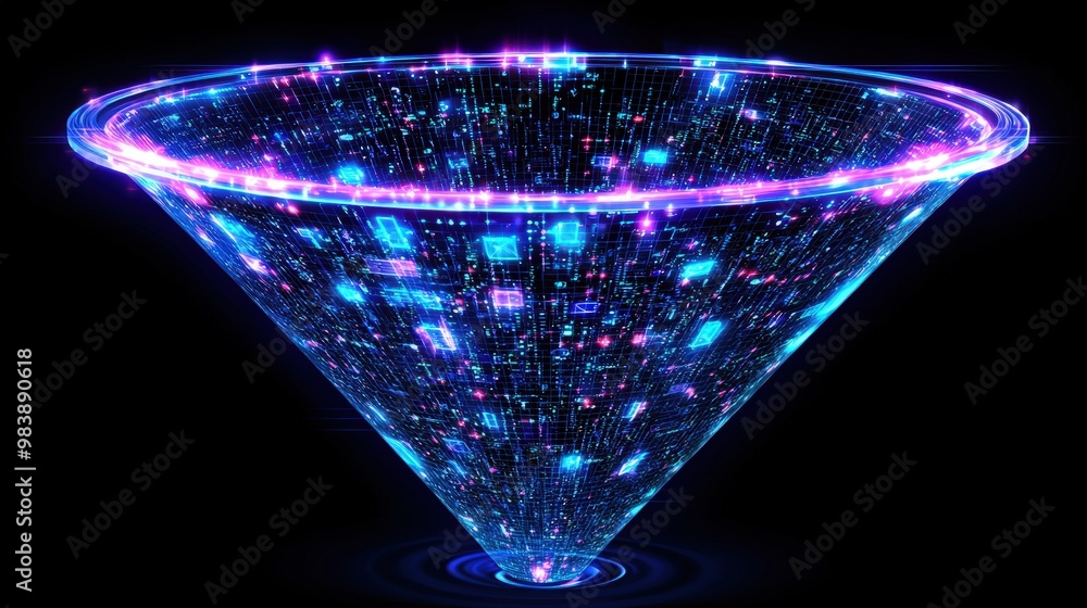 Poster abstract digital funnel with glowing neon lights and circuit board pattern