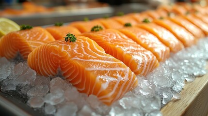 Close-Up of Fresh Salmon Fillet Slices on Ice at Fish Market Counter – High-Resolution Commercial Photography with Soft Lighting and Light Background

