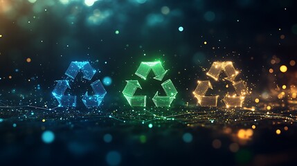 Obraz premium A 3D-rendered image of three interconnected icons representing environment, society, and governance, with each icon glowing in different shades of green, blue, and gold. The icons are arranged