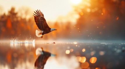 Obraz premium A majestic eagle soaring above a glassy lake, its reflection creating a dramatic and awe inspiring image.