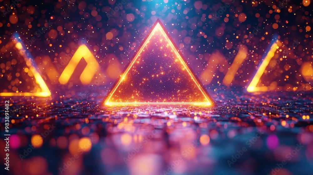 Poster abstract neon triangle glow with sparkles and bokeh lights