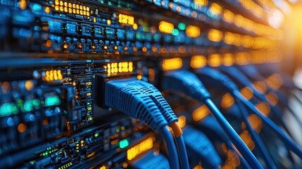 Server Room Network Cables Closeup with Glowing Lights