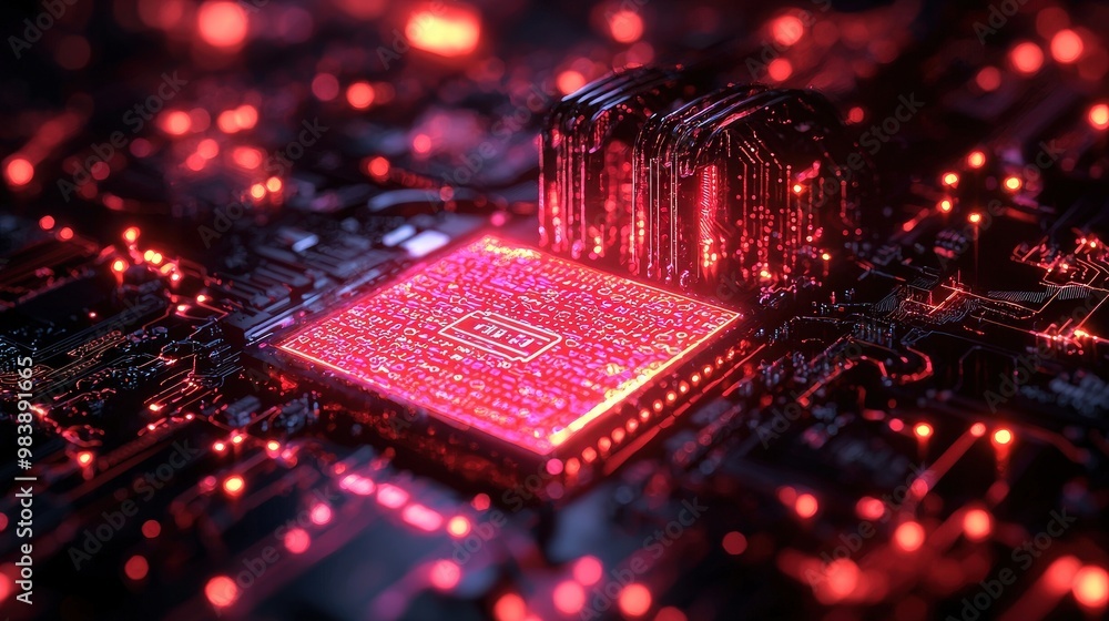 Poster futuristic circuit board with red leds and cpu chip