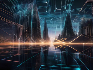 A virtual reality landscape with data streams and glowing geometric shapes, representing digital immersion 