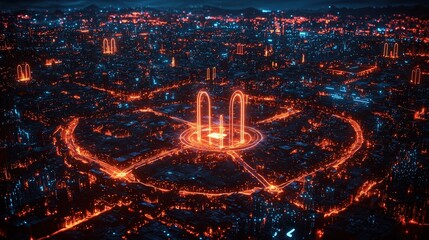 Fototapeta premium Futuristic Cityscape with Neon Lights and Glowing Arches