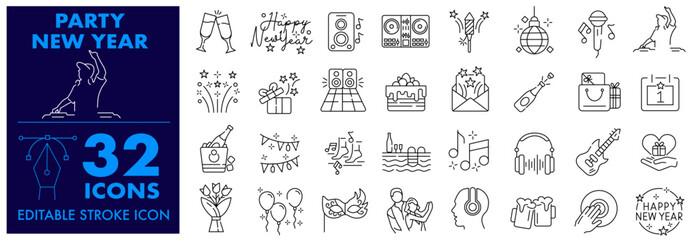 Party and New Year Editable Stroke Icon. Celebration, Dance, Fun, DJ Music, Stemware, Karaoke, Gifts, Champagne, Dance Floor, Fireworks, Gift bag, Pool Party and more.