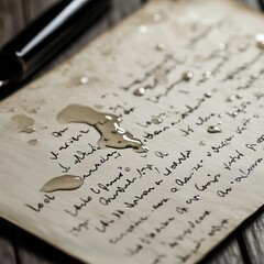 A handwritten letter with tear drops staining the ink, [emotion], [loss and longing].