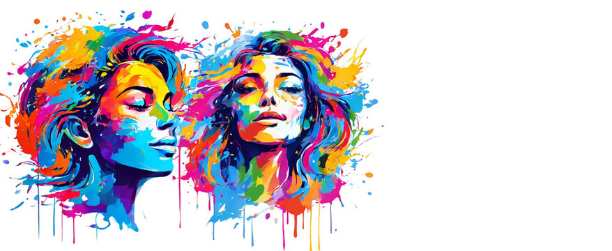 caras de mujeres con brochazos de colores en fondo transparente