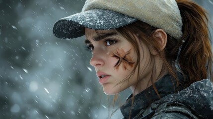 Young Woman With Snow Covered Hat and Scar Looking Upward in Snowy Weather