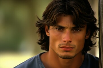 A man with long hair is standing in front of a tree