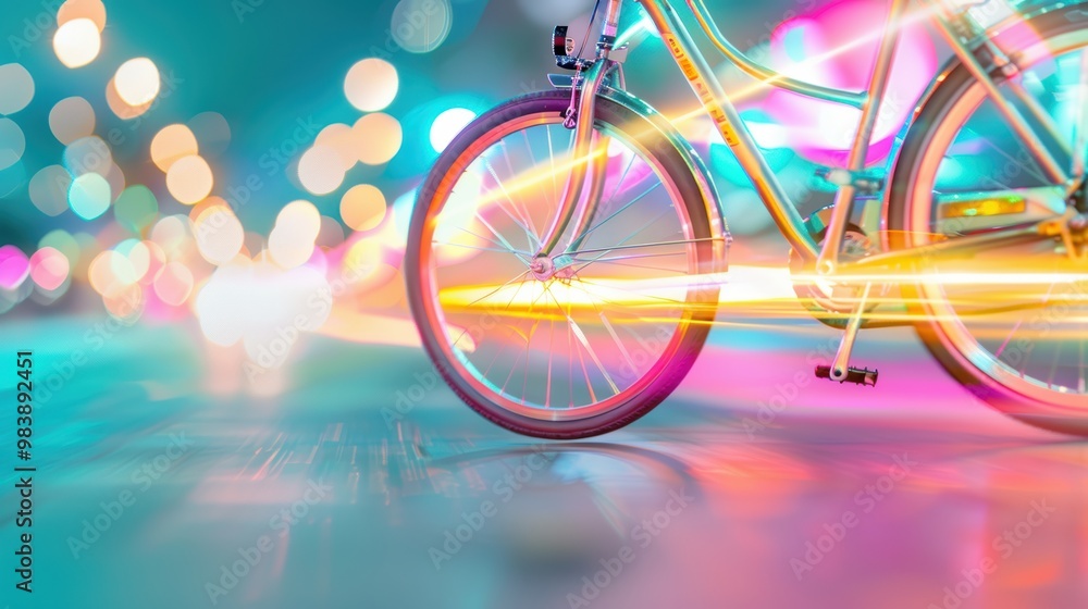 Aufkleber a playful and creative composition of multiple bicycles with colorful lights, leaving a mesmerizing 
