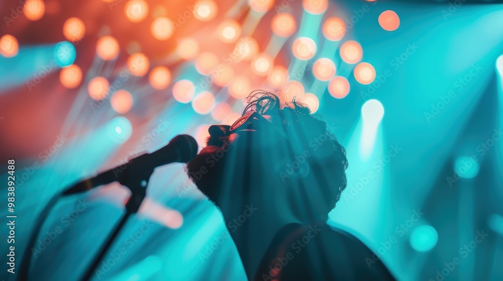 Aufkleber a captivating image of a musician performing on stage, illuminated by a dazzling array of lights cre
