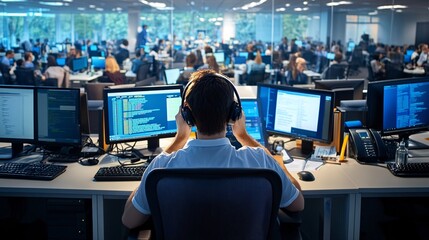 Back view of a programmer working on a computer in a busy office.