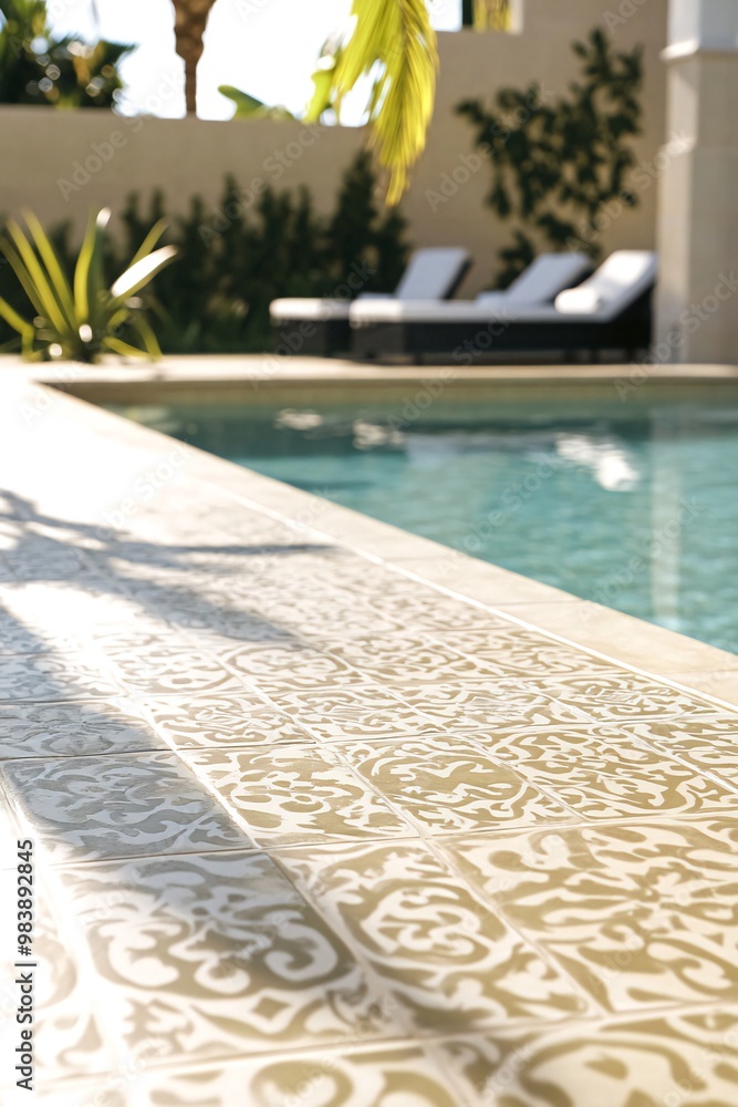 Poster Close-up of a patterned tiled pool edge with lounge chairs and palm trees in the background.